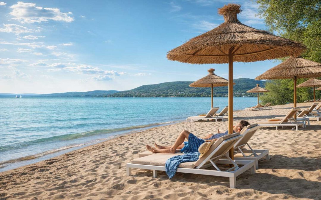 Ferienhaus Balatonlelle Urlaub Ungarn ruhiger Strand am Balaton mit Liegen und Sonnenschirmen unter blauem Himmel