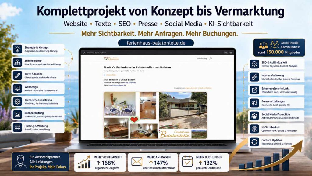 Ferienhaus Balatonlelle Website mit SEO, KI-Sichtbarkeit, Pressearbeit, Social Media und Vermarktung für mehr Anfragen und Buchungen.